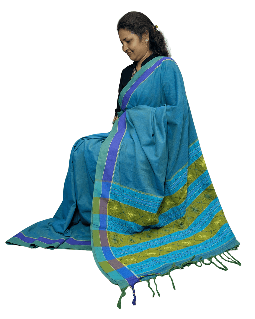 Blue Shot Embroidered Pallu Cotton