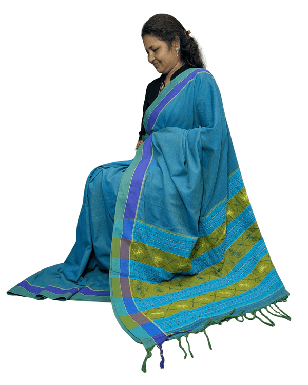 Blue Shot Embroidered Pallu Cotton